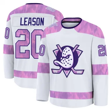 White Men's Brett Leason Premium Anaheim Ducks 2024 Hockey Fights Cancer Practice Jersey