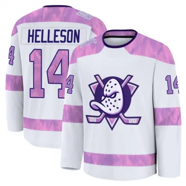 White Men's Drew Helleson Premium Anaheim Ducks 2024 Hockey Fights Cancer Practice Jersey