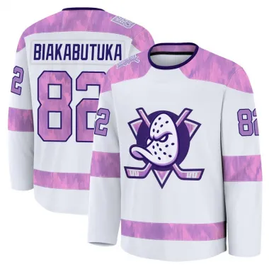White Men's Jeremie Biakabutuka Premium Anaheim Ducks 2024 Hockey Fights Cancer Practice Jersey