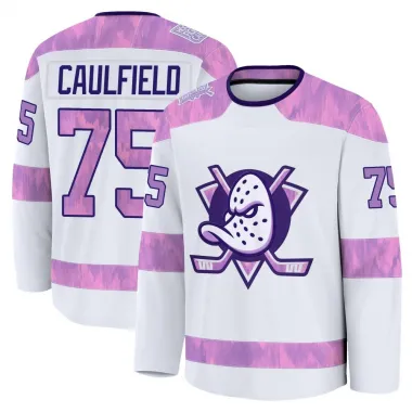 White Men's Judd Caulfield Premium Anaheim Ducks 2024 Hockey Fights Cancer Practice Jersey