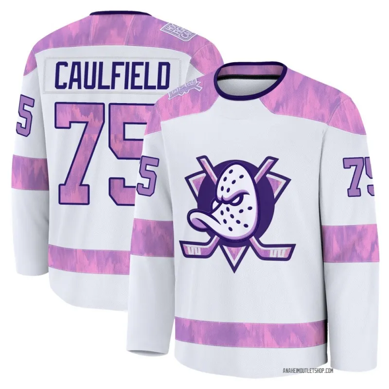 White Men's Judd Caulfield Premium Anaheim Ducks 2024 Hockey Fights Cancer Practice Jersey