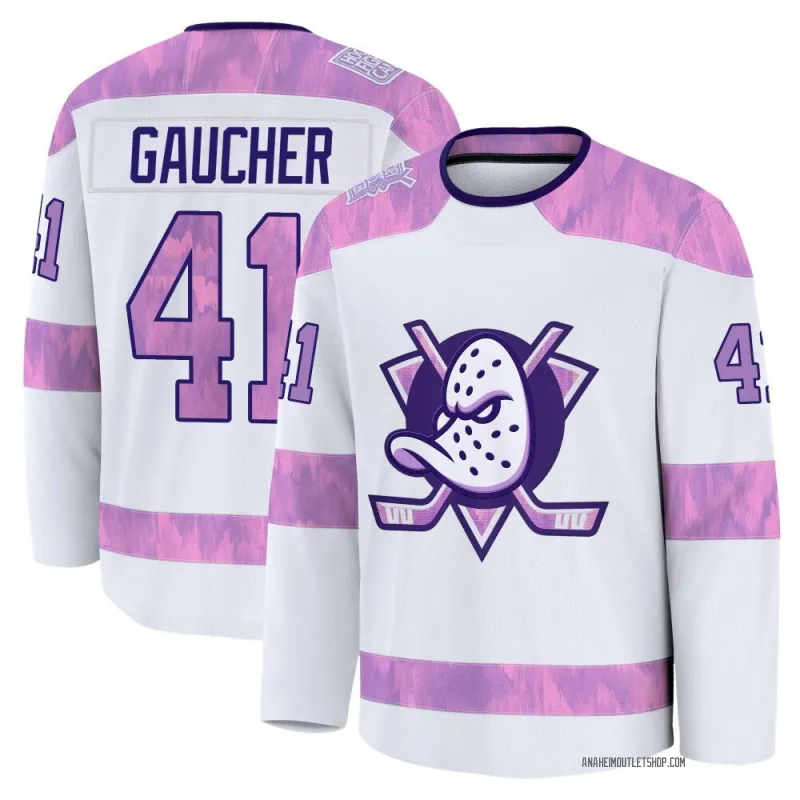 White Men's Nathan Gaucher Premium Anaheim Ducks 2024 Hockey Fights Cancer Practice Jersey