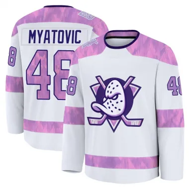 White Men's Nico Myatovic Premium Anaheim Ducks 2024 Hockey Fights Cancer Practice Jersey