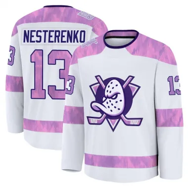White Men's Nikita Nesterenko Premium Anaheim Ducks 2024 Hockey Fights Cancer Practice Jersey