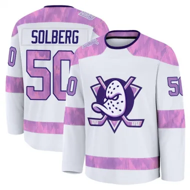 White Men's Stian Solberg Premium Anaheim Ducks 2024 Hockey Fights Cancer Practice Jersey