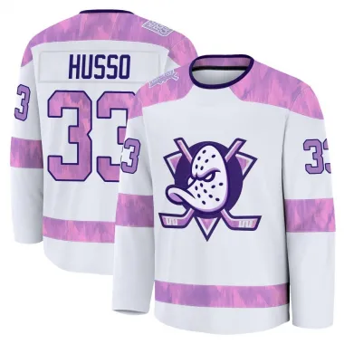 White Men's Ville Husso Premium Anaheim Ducks 2024 Hockey Fights Cancer Practice Jersey