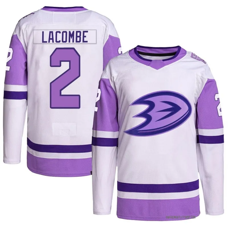 White/Purple Men's Jackson LaCombe Authentic Anaheim Ducks Hockey Fights Cancer Primegreen Jersey