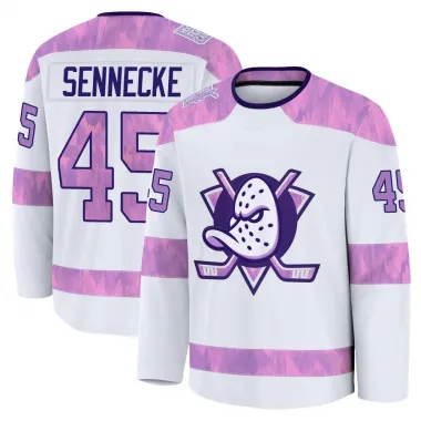 White Youth Beckett Sennecke Premium Anaheim Ducks 2024 Hockey Fights Cancer Practice Jersey
