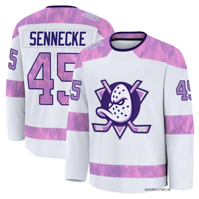 White Youth Beckett Sennecke Premium Anaheim Ducks 2024 Hockey Fights Cancer Practice Jersey