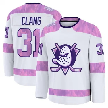 White Youth Calle Clang Premium Anaheim Ducks 2024 Hockey Fights Cancer Practice Jersey