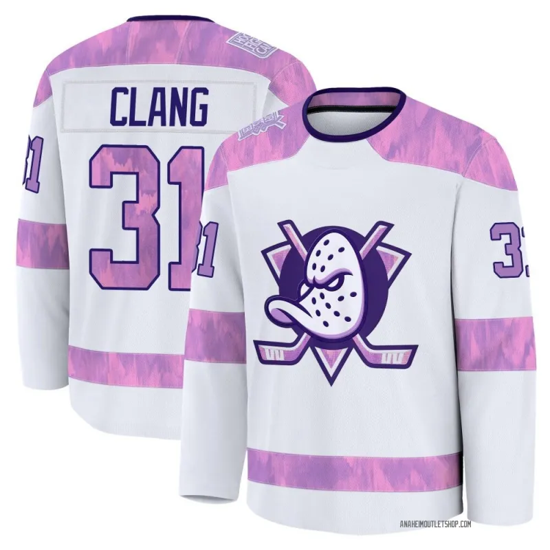 White Youth Calle Clang Premium Anaheim Ducks 2024 Hockey Fights Cancer Practice Jersey