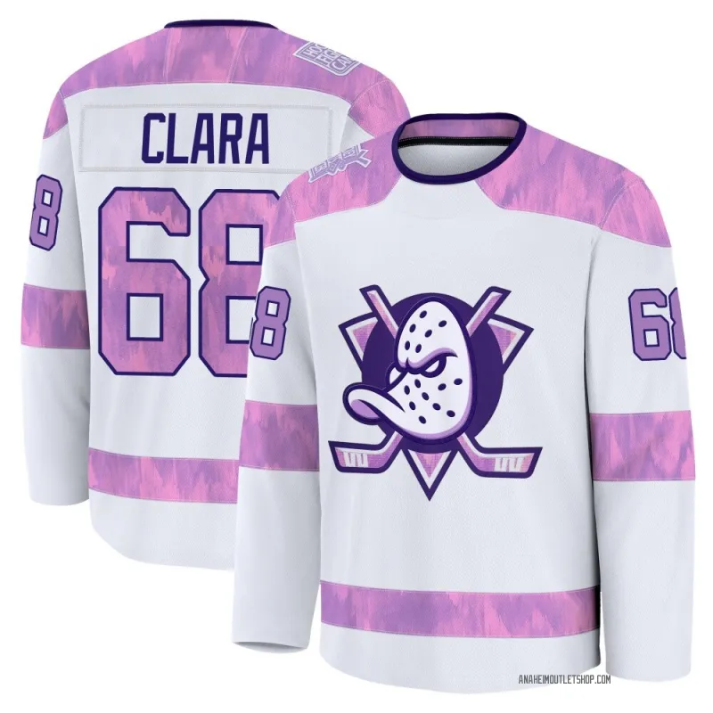 White Youth Damian Clara Premium Anaheim Ducks 2024 Hockey Fights Cancer Practice Jersey