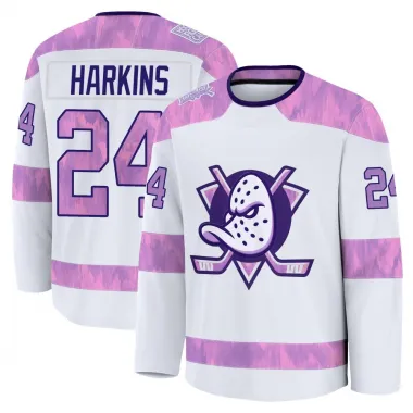 White Youth Jansen Harkins Premium Anaheim Ducks 2024 Hockey Fights Cancer Practice Jersey