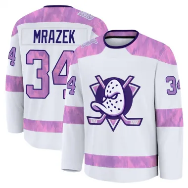 White Youth Petr Mrazek Premium Anaheim Ducks 2024 Hockey Fights Cancer Practice Jersey