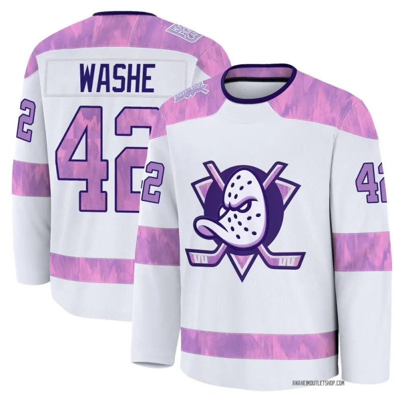 White Youth Tim Washe Premium Anaheim Ducks 2024 Hockey Fights Cancer Practice Jersey