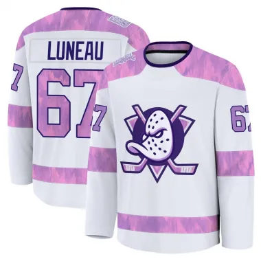 White Youth Tristan Luneau Premium Anaheim Ducks 2024 Hockey Fights Cancer Practice Jersey